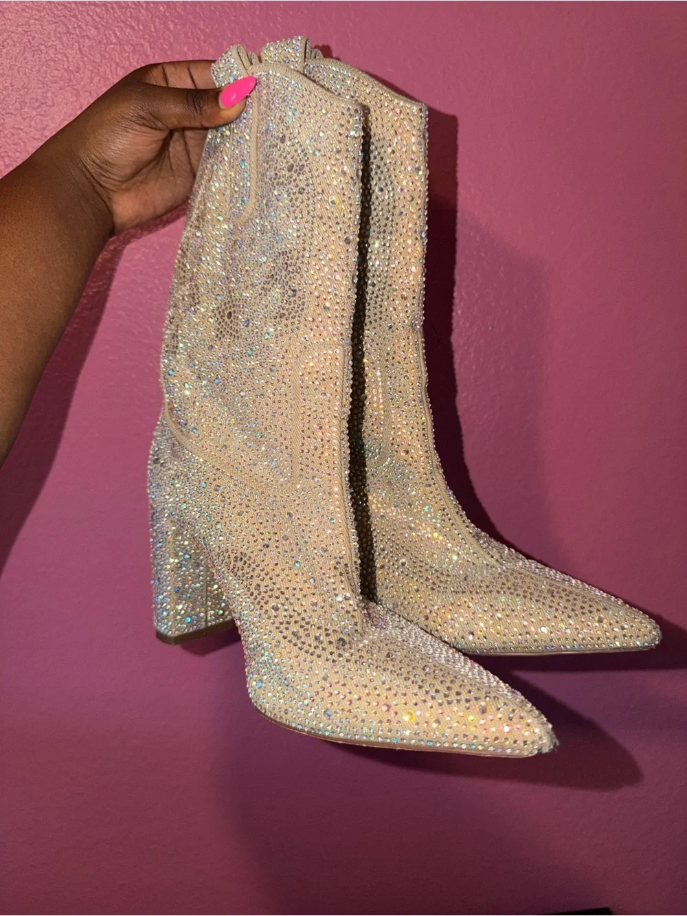 Sparkling Rhinestone Block Heel Ankle Boots - Light Champagne - Picture 2 of 4